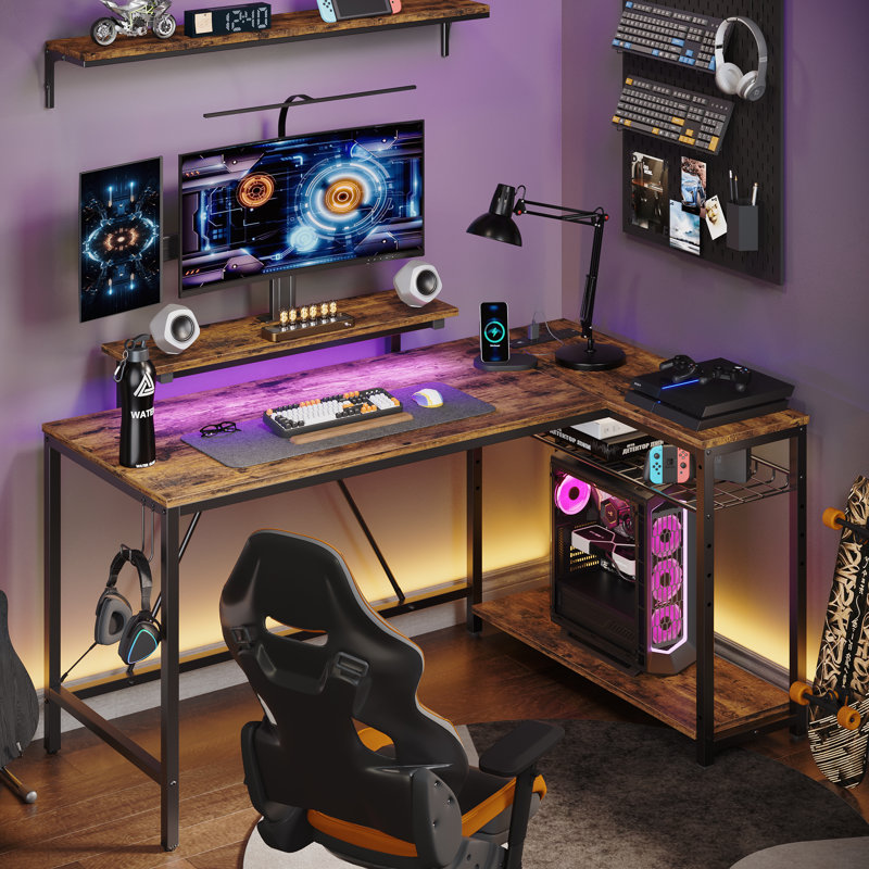 Aurora LED Gaming Desk with Power Outlet L Shaped Work Desk with Monitor Stand Trent Austin Design Top Color Brown